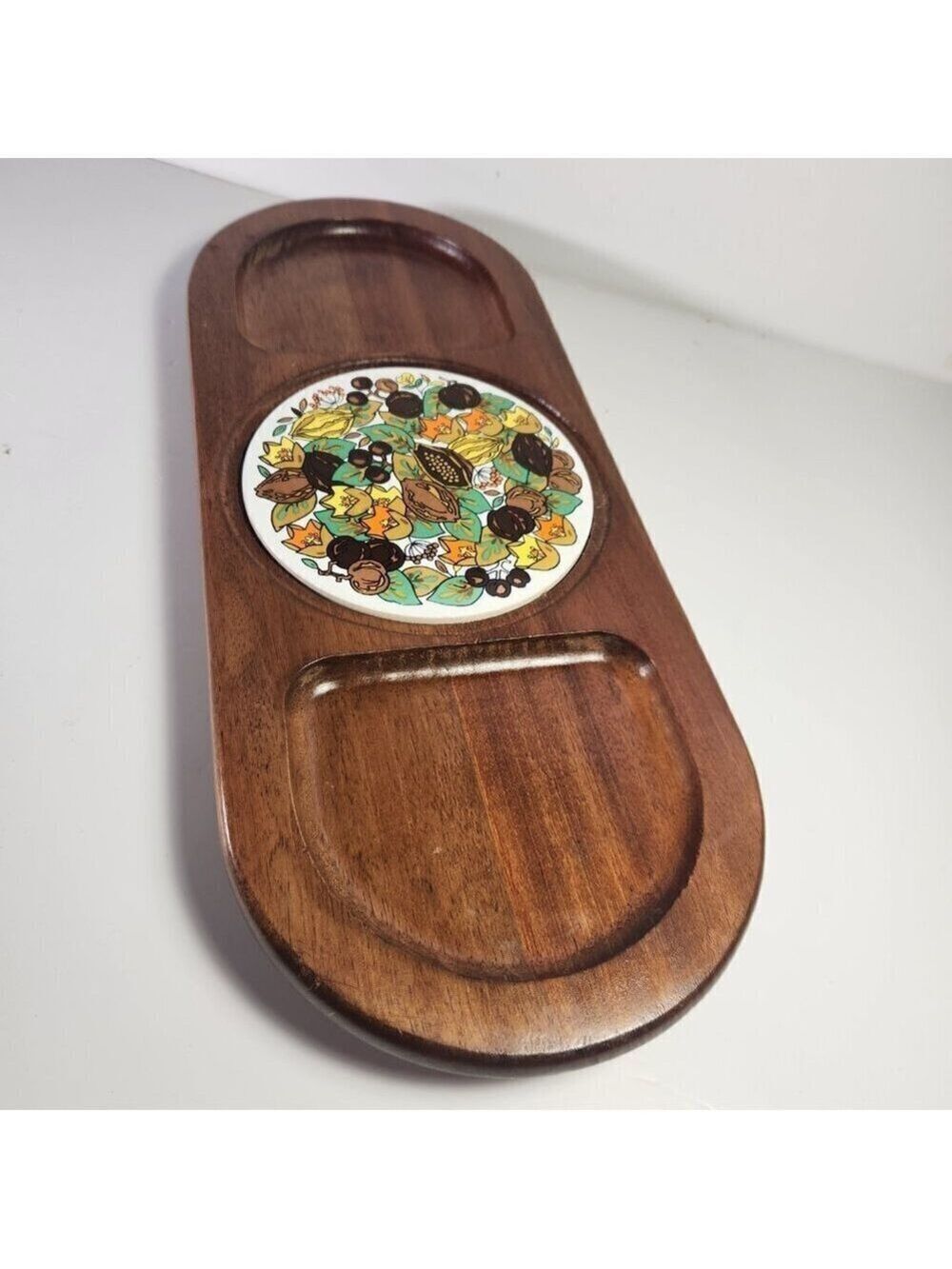 Vintage 70s Wood Tray with Ceramic Tile Inset Fruit Veggie Pattern Retro Kitchen